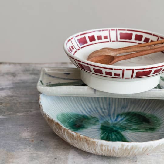 Hello Honey® 11.5" Green & White Stoneware Bowl with Reactive Crackle Glaze